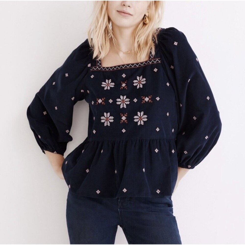 Embroidered Navy Blue Women's Peplum Waist Top